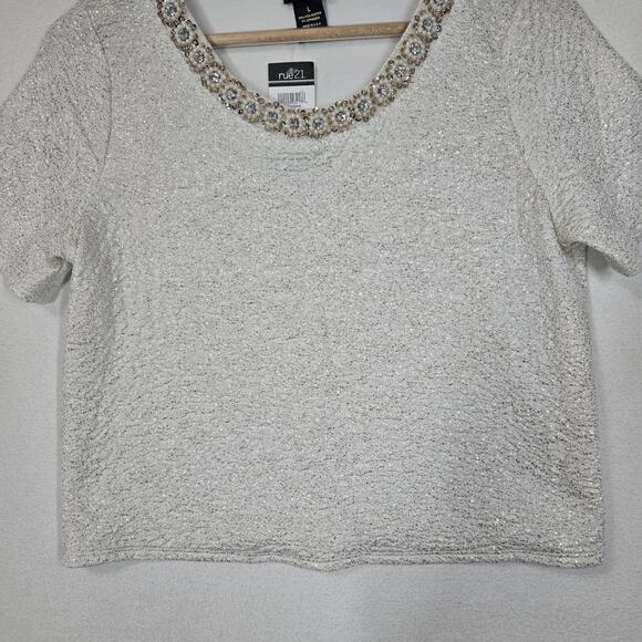 VTG Rue21 Top L White Metallic Gold Sparkle Pearls Rhinestones McBling Evening - Picture 3 of 13